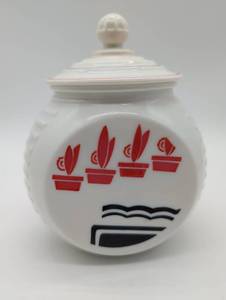 Mid-Century Modern Anchor Hocking Ceramic Kitchen Canister with Red Potted Plant Design