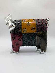lot 11131 image: Decorative Metal Cow Figurine with Floral Pattern