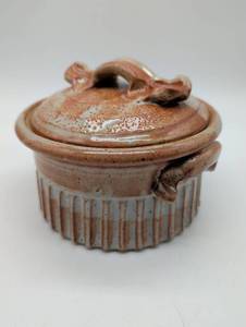 lot 11140 image: Handcrafted Stoneware Lidded Container with Fluted Base