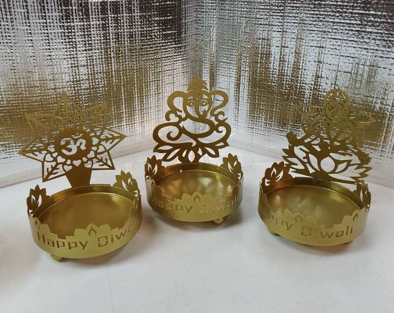 lot 34796 image: 3 Pcs Lakshmi Ganesha Om Shadow Diya for Diwali Decoration Traditional Tea Light Holder Indian Return Gifts for Housewarming Religious Pooja Items Decorative Candle Light Stand for Home Office