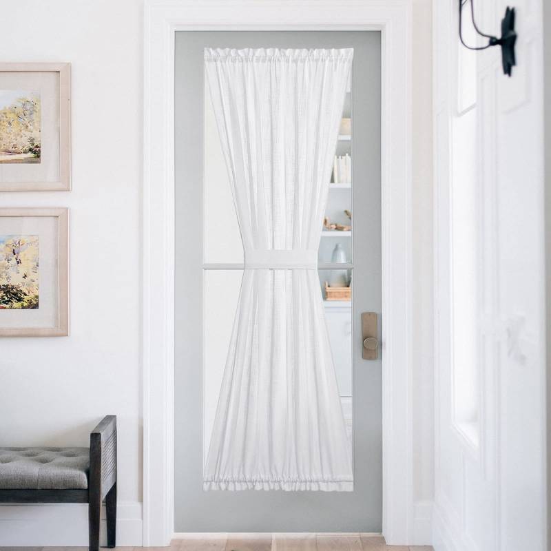 lot 34798 image: Lined Look Door Panel - Semitransparent Voile Window Curtain Panel Semi Sheer for PatioSliding Glass Door with One Bonus Tieback, 52 Width by 72 Length, White - Retail $18