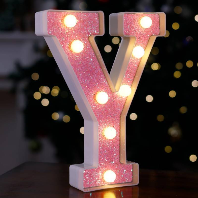 lot 34808 image: LED Letter Lights Pink Glitter Marquee Letters Light Up Alphabet Letters Sign Battery Powered for Home Party Decoration Night Bar Wedding Birthday Christmas Lamp Girls Gift - Letter Y - Retail $9