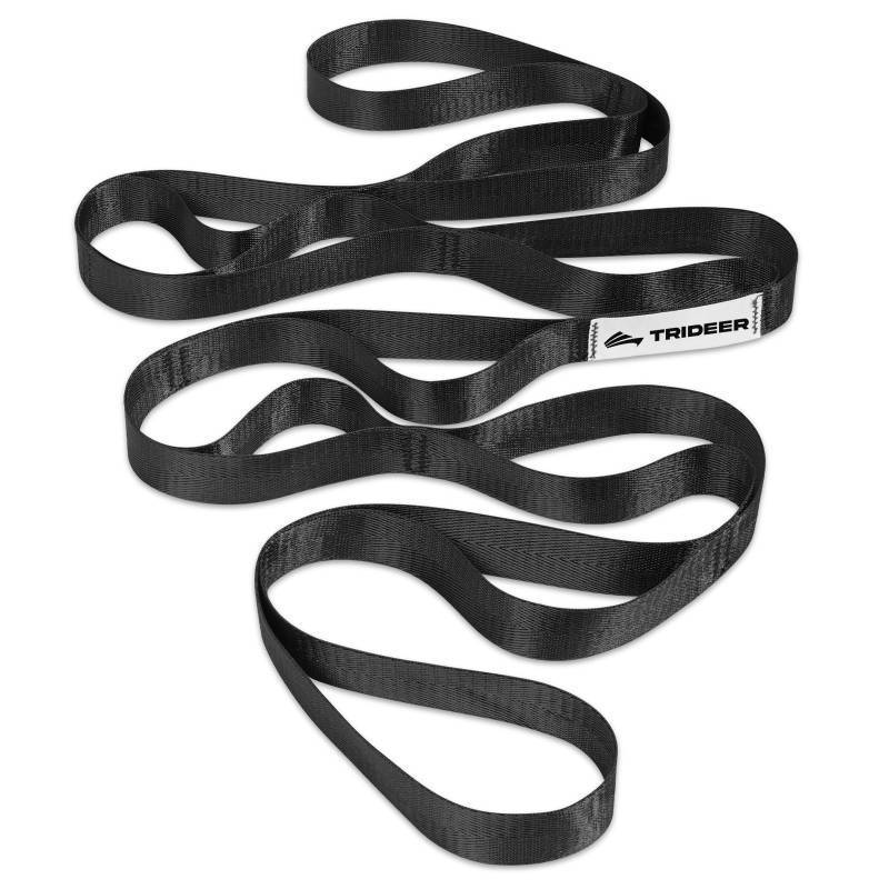 lot 34817 image: Trideer Stretching Strap Yoga Strap Physical Therapy for Home Workout, Exercise, Pilates and Gymnastics, 10 Loops Non-Elastic Stretch Bands with Aesthetic Packaging for Women & Men (Black) - Retail $6