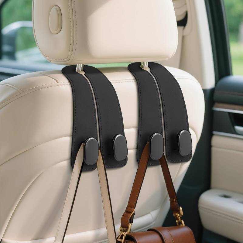 lot 34811 image: Car Seat Headrest Hooks - 2 Pack Universal Car Purse Hook, Leather Car Bag Purse Holder with Double Metal Hooks for Handbags, Grocery Bags, Bottles, Phones - Retail $8