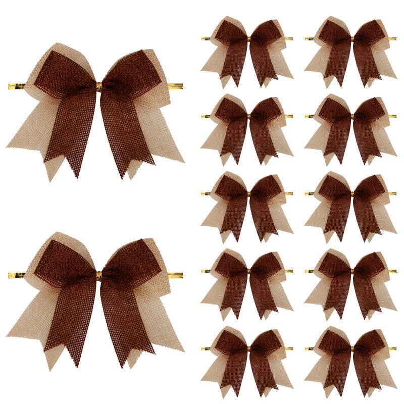 lot 34812 image: 12 Pcs Double-Layered Burlap Bows 4 Inch Hanging Bows Rustic Bow Decor for Christmas Trees Holiday Farmhouse Fall Wreath Decoration (Brown)