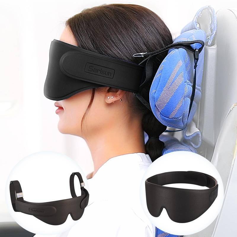 lot 34756 image: Airplane Head Strap 3D Eye Mask, Travel Pillow Alternative for Long Flight, 360° Support Sleep Head Hold, Stop Bobblehead, Ultra-Compact Lightweight Travel Essentials, Black - Retail $19