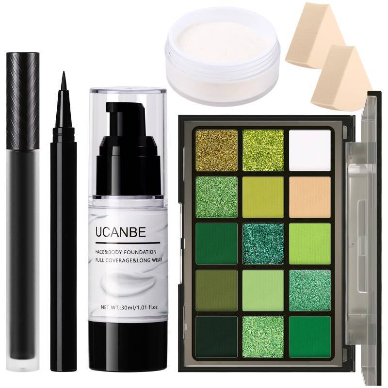lot 34774 image: Green Halloween Makeup Kit Zombie Witch Beetle Juice Monster Makeup Set for SFX Costume Cosplay with Eyeshadow Palette, White Foundation, Black Lipstick, Eyeliner, Setting Powder & Sponges - Retail $16
