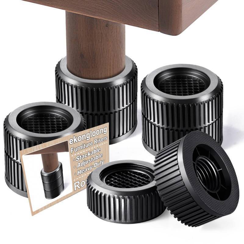lot 34793 image: Round Bed Risers 4-Packs Adjustable Furniture Leg Extenders, Stackable(1.3 - 2.4 Hgt) Heavy Duty Anti-Slip Lifts for Couch, Desk, Chair, Cabinet, Dorm Underbed Storage(2-Layers, Black). ONE MISSING RUBBER BOTTOM. - Retail $13