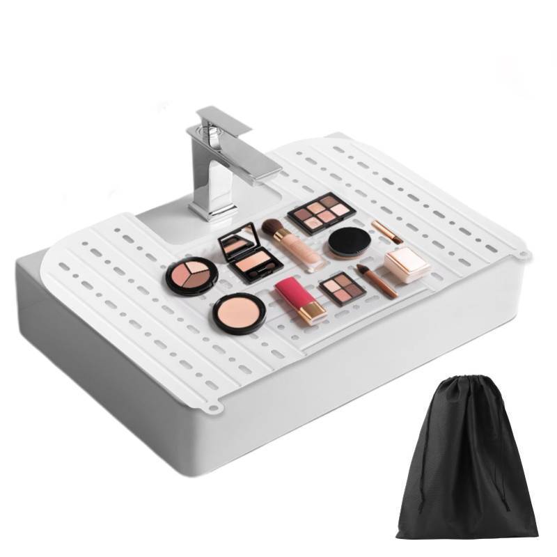 lot 34772 image: Bathroom Sink Cover for Counter Space With Storage Bag, 22  17 Foldable Sink Cover,Silicone Beauty Makeup Brush Cleaning Mat,for Counter Space & Storage Saver(white) - Retail $18