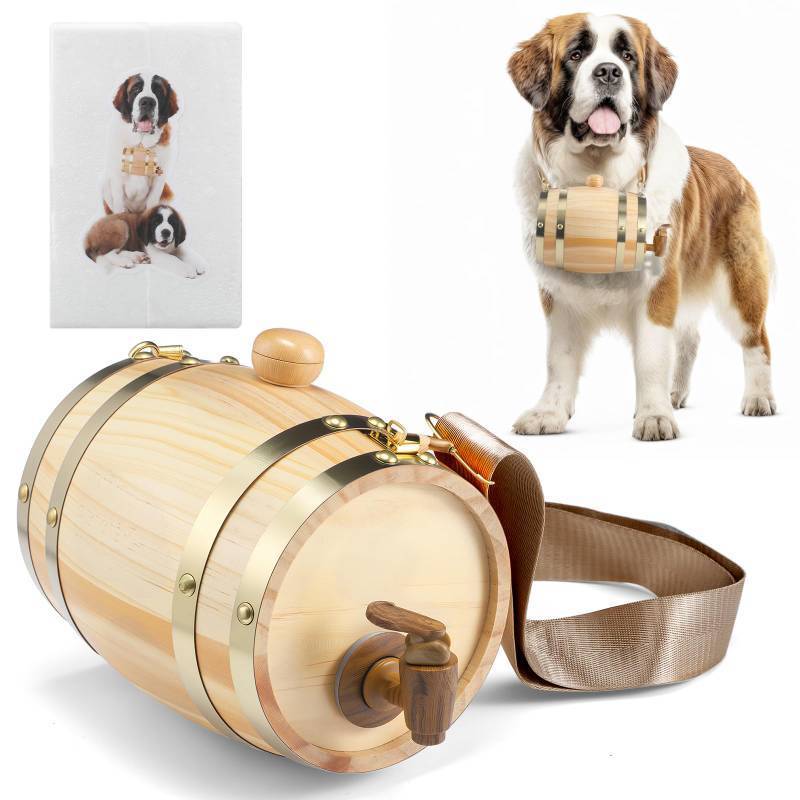 lot 34804 image: 3 Pcs St Bernard Rescue Barrel Collar Set Include 12 Liter Saint Bernard Barrel Collar, Adjustable Hoops and Dog Stickers for Pet Medium and Large Dogs - Retail $39