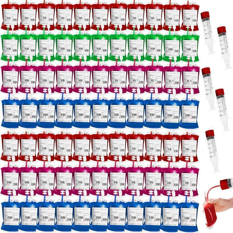 lot 43894 image: 80 Pack Blood Bags for Drinks Reusable IV Drink Pouches for Halloween Party Decorations Vampire Zombie Party Juice Containers Props, 10 fl.oz - Retail $30