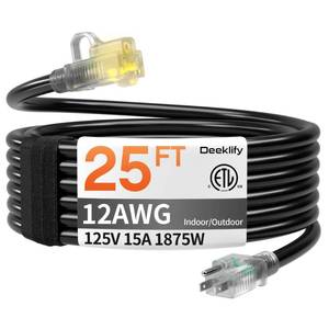 lot 61879 image: 12AWG 25 FT Heavy Duty Outdoor Extension Cord Waterproof with Lighted End, Black 12 Gauge Extension Cord Flexible and Cold Resistant 3 Prong Grounded Plug,15Amp 1875W SJTW ETL Listed - Retail $30