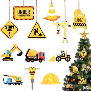 lot 61882 image: 24 Pieces Construction Christmas Ornaments with Rope Trucks Excavator Hanging Wood Signs Truck Cutouts Traffic Zone Wood Xmas Decoration for Xmas Tree Home Decor - Retail $6
