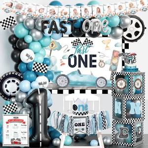 lot 61883 image: Fast One Birthday Decorations for Boys, 1st Birthday Decorations Boy, Vintage Car Themed Backdrop Balloon Banner Boxes Crown Poster for Retro Blue First Party Supplies - Retail $30