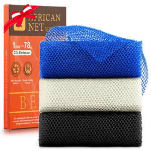 lot 61886 image: 3 Pieces African Bath Sponge African Net Long Net Bath Sponge Exfoliating Shower Body Scrubber Back Scrubber Skin Smoother, Great for Daily Use(Blue, Black, Off-White) - Retail $8