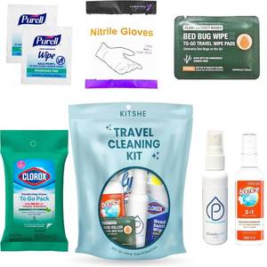 lot 61893 image: Travel Cleaning Supplies Kit - Travel Size Cleaning Supplies For Hotels, Bathrooms with Gloves, Surface Wipe, Fabric Cleaner, Air Cleaner, Hand Wipes, Bed Bug Wipes - Retail $30