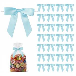 lot 61913 image: 50 Pack Satin Twist Tie Bows for Gift Bags & Party Favors, 2.5 Inch Pre-Tied Ribbon Bows for Gift Wrapping, Birthday & Wedding Event Decorations - Blue - Retail $9