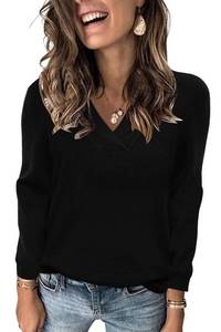 lot 61970 image: Womens Fashion Sweaters for Women Fashion 2025 Fall Long Sleeve Shirts V-Neck Collared Knit Pullover Tops Outfits Crochet Tops for Women Black Large - Retail $20