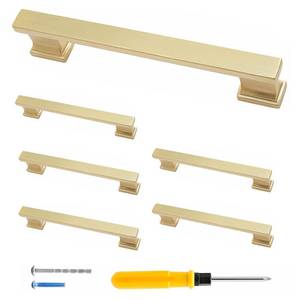 lot 62002 image: 5 Pack 5 Inch Cabinet Handles Brushed Satin Brass Dresser Drawer Pulls, Modern Kitchen Cabinet Door Handles, 5 Inch Hole Center