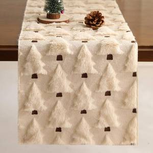 lot 62005 image: Christmas Table Runner 13x72 Inch Soft Plush Faux Fur Jacquard Beige Christmas Tree Table Runner, Seasonal Autumn Kitchen Dining Table Decoration for Home Party Decor ZR001A72 - Retail $13