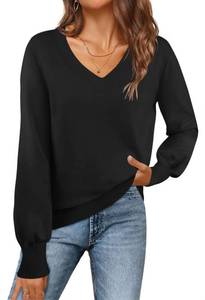 lot 62015 image: Womens 2025 Fall Long Sleeve Sweater V Neck Winter Tops Casual Lightweight Knit Pullover Shirts, Black, L - Retail $24
