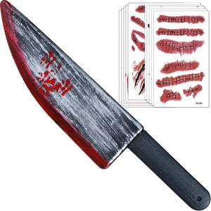 lot 62021 image: Halloween Fake Knife Props - Bloody Fake Knife - 10 Halloween Scar Tattoo Stickers - Suitable for Halloween Party Knife Prop Cosplay Costumes - Retail $16