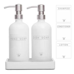 lot 62034 image: Glass Soap Dispenser for Kitchen,16oz Modern Hand and Dish Soap Dispenser with Stainless Steel Pump and Wood Tray for Bathroom with Waterproof Labels (White BottlesSilver Pumps) - Retail $24