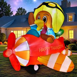 lot 62037 image: 6 FT Thanksgiving Inflatables Turkey Flying a Plane Outdoor Decorations Blow Up Yard Turkey, Built-in LEDs for Indoor Party Garden Lawn Decor - Retail $46