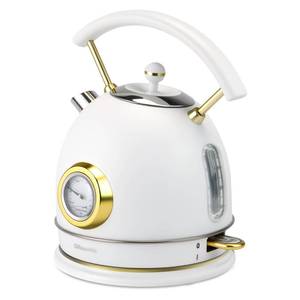 lot 62038 image: Retro Electric Kettle Stainless Steel, 1.8L Tea Water Boiler, 1500W Fast Quiet Boil, Temperature Gauge, Auto Shut-Off, Boil-Dry Protection, White Champagne Gold.  POWERS ON. Needs a Good Cleaning. - Retail $56