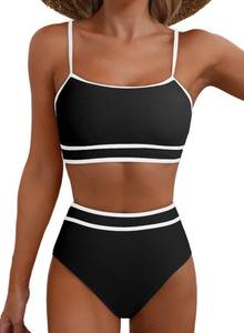 lot 62044 image: Womens Black Ribbed Bestselling Bikini Color Block Swimsuit 2025 High Waisted Beach Outfits Bathing Suit XX-Large - Retail $25