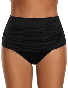lot 62045 image: Womens High Waisted Swim Bottom Ruched Bikini Tankini Swimsuit Briefs Size L, Solid Black - Retail $10