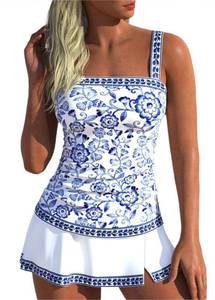 lot 62052 image: Womens Tummy Control Tankini Bathing Suits, Two Piece Ruched Swimsuits, Floral Print Swimdress with Skirt - Retail $42
