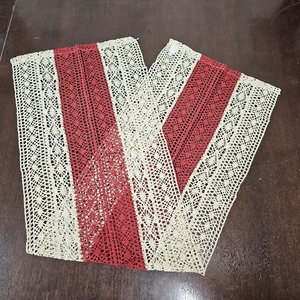 lot 2119 image: VIV CHERBL Boho Summer Table Runner - Red & Lvory 48x12Inch Small Table Runner, Cotton Blend Macrame Style Home Decor, Fade Resistant for Dining Table, Coffee Table & Living Room