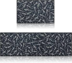 lot 2123 image: 2 Set of Halloween Kitchen Mat 20x60 and 20x30 Inch Black Dancing Skeleton Kitchen Rug Non-Slip Washable Rug for Halloween Home Decor