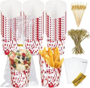 lot 2139 image: FYSUIMU 50Pcs Halloween Charcuterie Paper Cups with Sticks Bags Twist Ties 14oz Bloody Handprint Disposable Appetizer Cups French Fry Holder for Party Supplies
