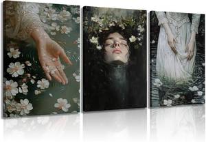lot 2142 image: 3Pcs Victorian Canvas Wall Art Girl in the water lily Dark Academia Wall Decor Pictures Gothic Cottagecore Beautiful Girl Posters Prints for Living Room Bedroom Bathroom Home Decoration 12X16in