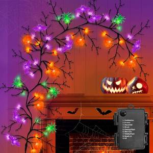 lot 2229 image: 8 Modes & Timer 6 Ft Halloween Willow Vine Twig Decor Garland with Bats Pumpkins Spiders Lights, 54 LED Battery Operated Halloween Lights for Indoor Home Mantle Fireplace Decor