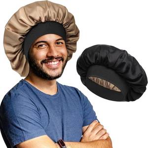 lot 2238 image: Satin Bonnet for Men Sleeping 2 Layer Silk Hair Bonnets with Wide Band Reversible Nightcap for Unisex Sleep Cap Hair Wrap Black Black