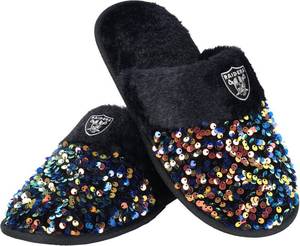lot 2290 image: FOCO womens NFL Las Vegas Raiders Team Logo Ladies Sequin Fashion Slippers Medium