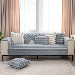 lot 2310 image: vctops 3D Striped Faux Fur Couch Cover Thick Warm Soft Sofa Cover Non Slip Fuzzy Plush Furry Sofa Slipcovers Shaggy Cozy Washable Furniture Protector for Pets, Kids (Greyish Blue,28x59)