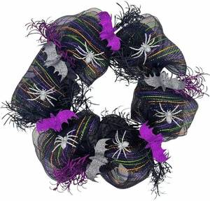 lot 2311 image: Halloween Wreath for Front Door, 18In Black Mesh Wreath with Glittery Silver Spiders & Purple Bats, Orange Green Purple Accents, Creepy Spider Decor for Indoor Outdoor Halloween Party Fireplace Decor