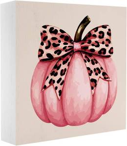lot 2386 image: Lot of 3, Cute Fall Thanksgiving Decor Preppy Pink Pumpkin Fall Decorations Pink Leopard Bow Autumn Decor for Home Office Autumn Decorations for Desk Table 5 x 5 inches
