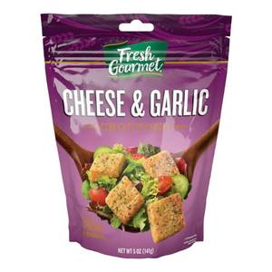 lot 2421 image: Lor of 3, Fresh Gourmet Premium Croutons  Cheese & Garlic  5 Ounce, Pack of 6  Crunchy Salad Topper BB May 6, 2026