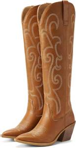 lot 5015 image: Rollda Cowboy Boots for Women Cowgirl Boots Embroidered Knee-High Western Boots Pointy Toe with Chunky Heel Brown WZipper Size 9