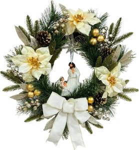 lot 5017 image: 22 Inch Pre-Lit Artificial Christmas Wreath with White Artificial Poinsettia Flowers Jesus Figurine Nativity Scene Glitter Ball Ornaments PineCones Berries for Christmas Decor Front Door