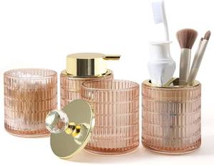 lot 5018 image: DASITON Bathroom Accessories Set,4Pcs Glass Bathroom Counter Set with Foaming Soap Dispenser,Toothbrush Holder,Bathroom Tumbler,Cotton Swab Jars, for Vanity Bathroom Decor(Pink B)