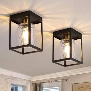 lot 5021 image: 2 Pack Flush Mount Ceiling Light Fixture with Hammered Glass Shade, Mini Modern Farmhouse Semi Flush Mount Lamp with Black Square Metal Cage for Kitchen Island Entryway Porch Foyer