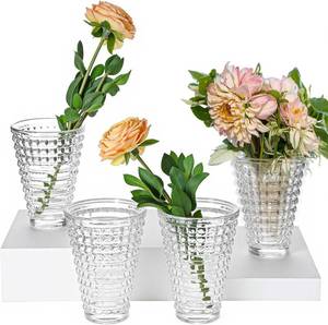 lot 5026 image: Baderke 4 Pcs Clear Glass Crystal Vases for Flowers Modern Boho Style Small Glass Bud Vases in Bulk for Wedding House Gift Living Room Bedroom Kitchen Dining Table Mantle(5.5 Inch)