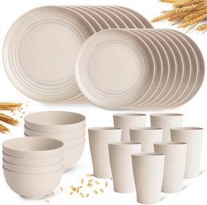 lot 5056 image: Cream Plastic Plates and Bowls Sets Dishwasher and Microwave Safe Wheat Straw Dinnerware Sets for 8,Reusable Plastic Dishes Set Lightweight Unbreakable for Kitchen Camping Outdoor RV 32 Pcs