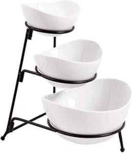 lot 5066 image: Partito Bella 3 Tier White Oval Bowl Set with Collapsible Thicker Metal Rack - Perfect Display for Chips, Dips, Candy, Fruit and More Collapsible Stand with Nesting Bowls for Easy Storage
